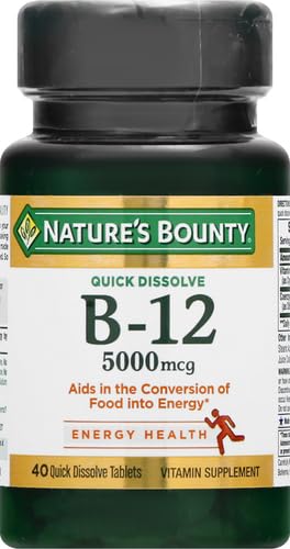 Nature's Bounty Vitamin B12, Quick Dissolve Vitamin Supplement, Supports Energy Metabolism and Nervous System Health, 5000mcg, 40 Tablets