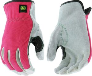john deere jd00016-wsm split cowhide leather gloves - [1 pair] small/medium women’s work gloves, pink black