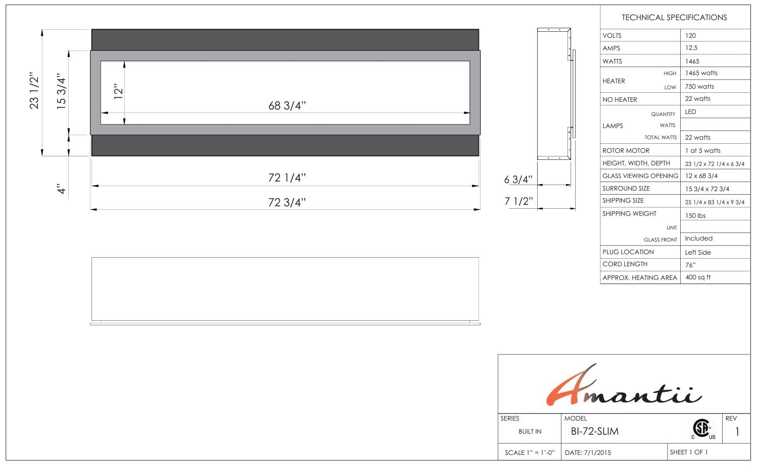 Amantii 72" Panorama Slim Indoor/Outdoor Electric Built-in Fireplace