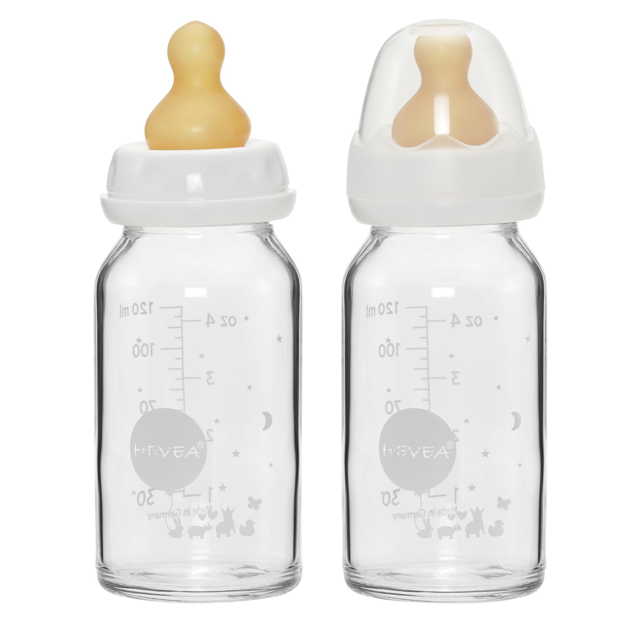 HEVEA Standard Neck Glass Baby Bottles - Natural Rubber Slow Flow Nipples - Anti Colic Baby Bottles for Breastfeeding Babies - Newborn 0+ Months - BPA-Free, Two-Pack (4 Oz)