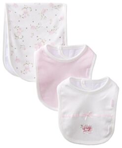 little me baby girls' 3 piece bib and burp set, rose, white floral, one size