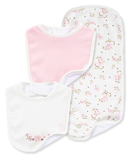 Little Me Baby Girls' 3 Piece Bib and Burp Set, Rose, White Floral, One Size
