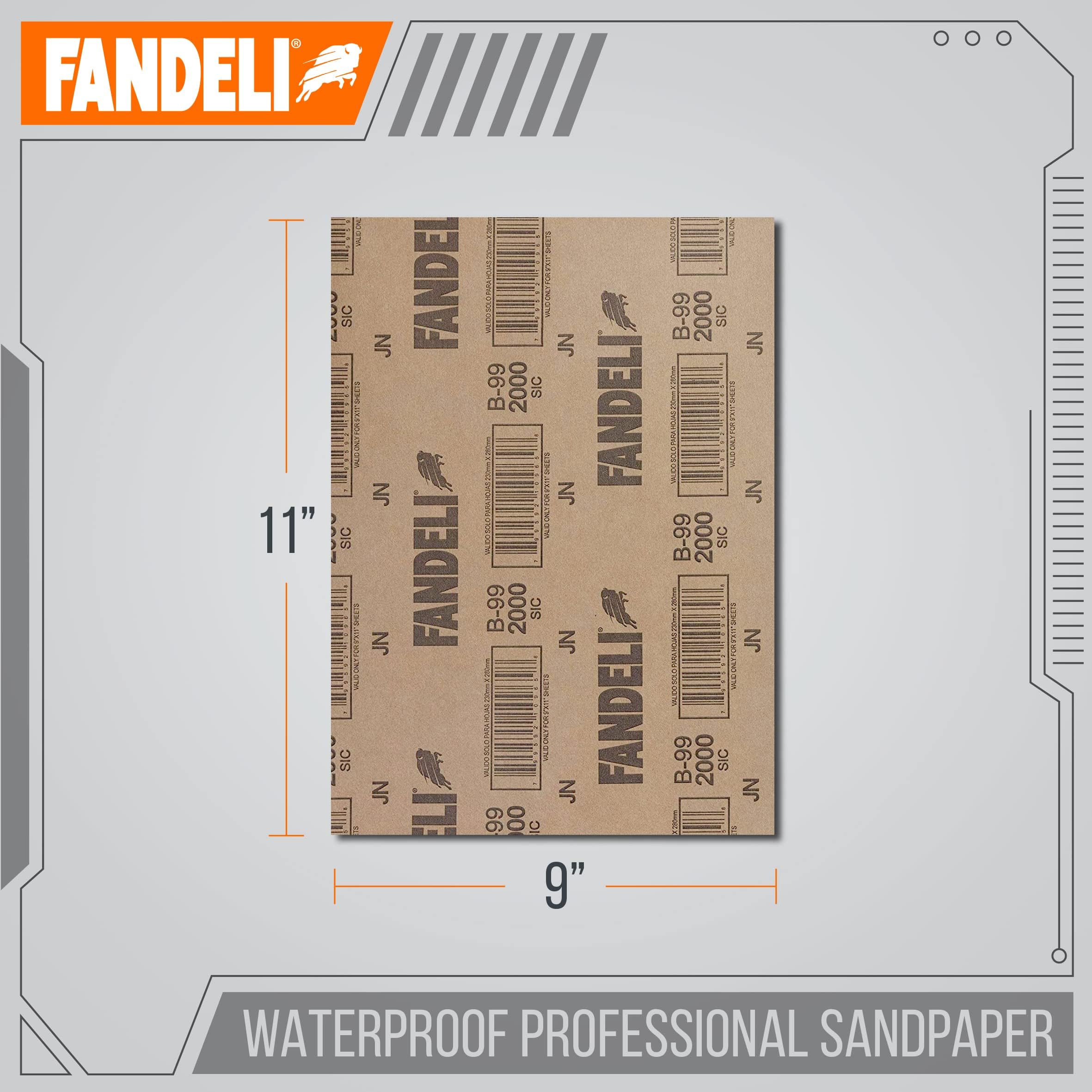 Fandeli | Waterproof Sandpaper | 2000 Grit | 25 Sheets 9'' x 11'' | For Car Polishing, Wooden Furniture Sanding and Metal Sanding | Water Resistant