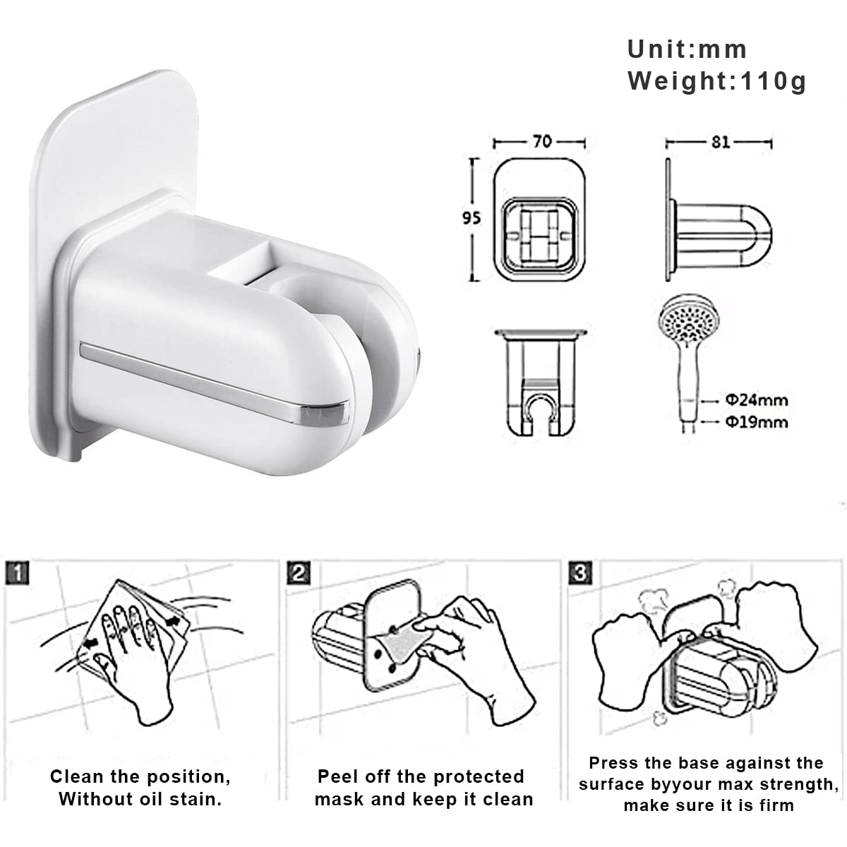 Podxco Adjustable Handheld Shower Head Holder Bracket, Plastic Bathroom Adhesive Showerhead Adapter, Waterproof, Wall Mounted, Universal Showering Components - NO Tools Required