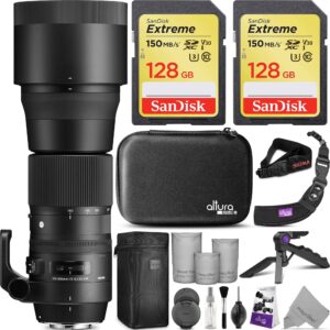 sigma 150-600mm 5-6.3 contemporary dg os hsm lens for canon dslr cameras with 2pcs sandisk 128gb sd cards & altura photo complete accessory and travel bundle
