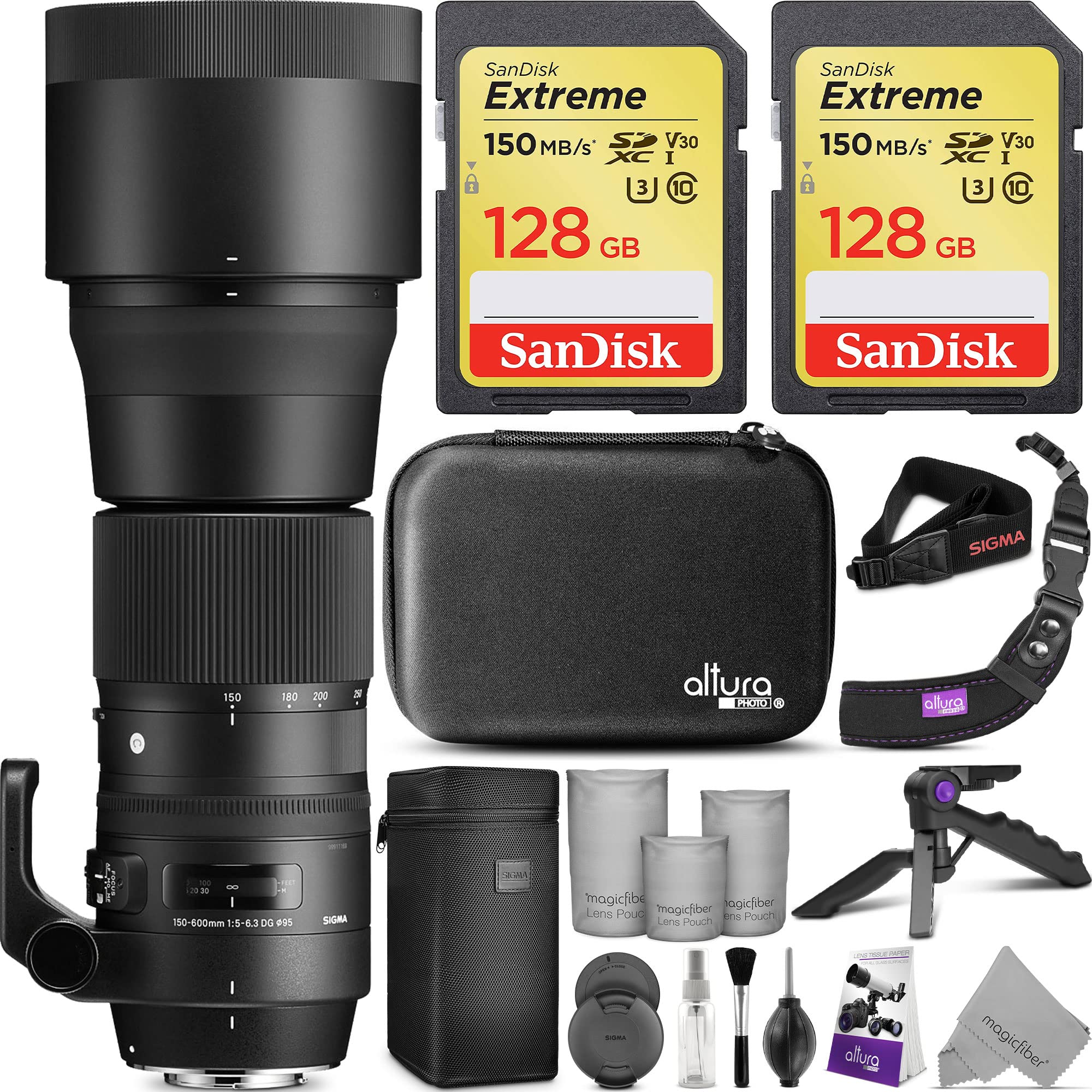 Sigma 150-600mm 5-6.3 Contemporary DG OS HSM Lens for Canon DSLR Cameras with 2pcs SanDisk 128GB SD Cards & Altura Photo Complete Accessory and Travel Bundle