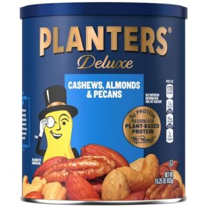 planters deluxe cashews, almonds & pecans, party snacks, plant-based protein, 15.25 oz canister