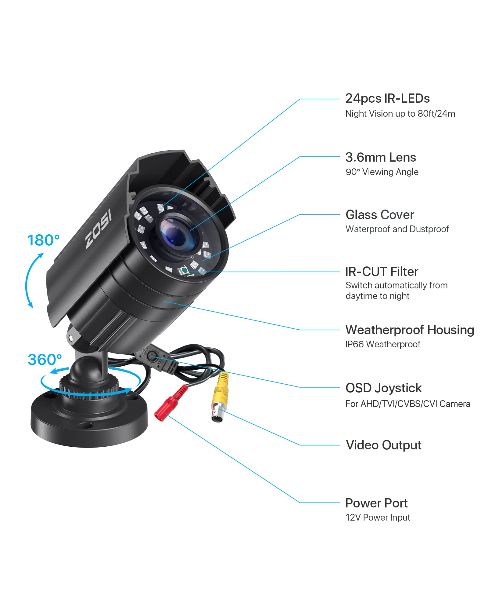 ZOSI 1080P CCTV Camera Indoor Outdoor Hybrid 4 in 1 HD TVI/CVI/AHD/CVBS Home Security Camera System,Night Vision,Metal Waterproof Housing For 960H,720P,1080P,5MP,4K analog Surveillance DVR