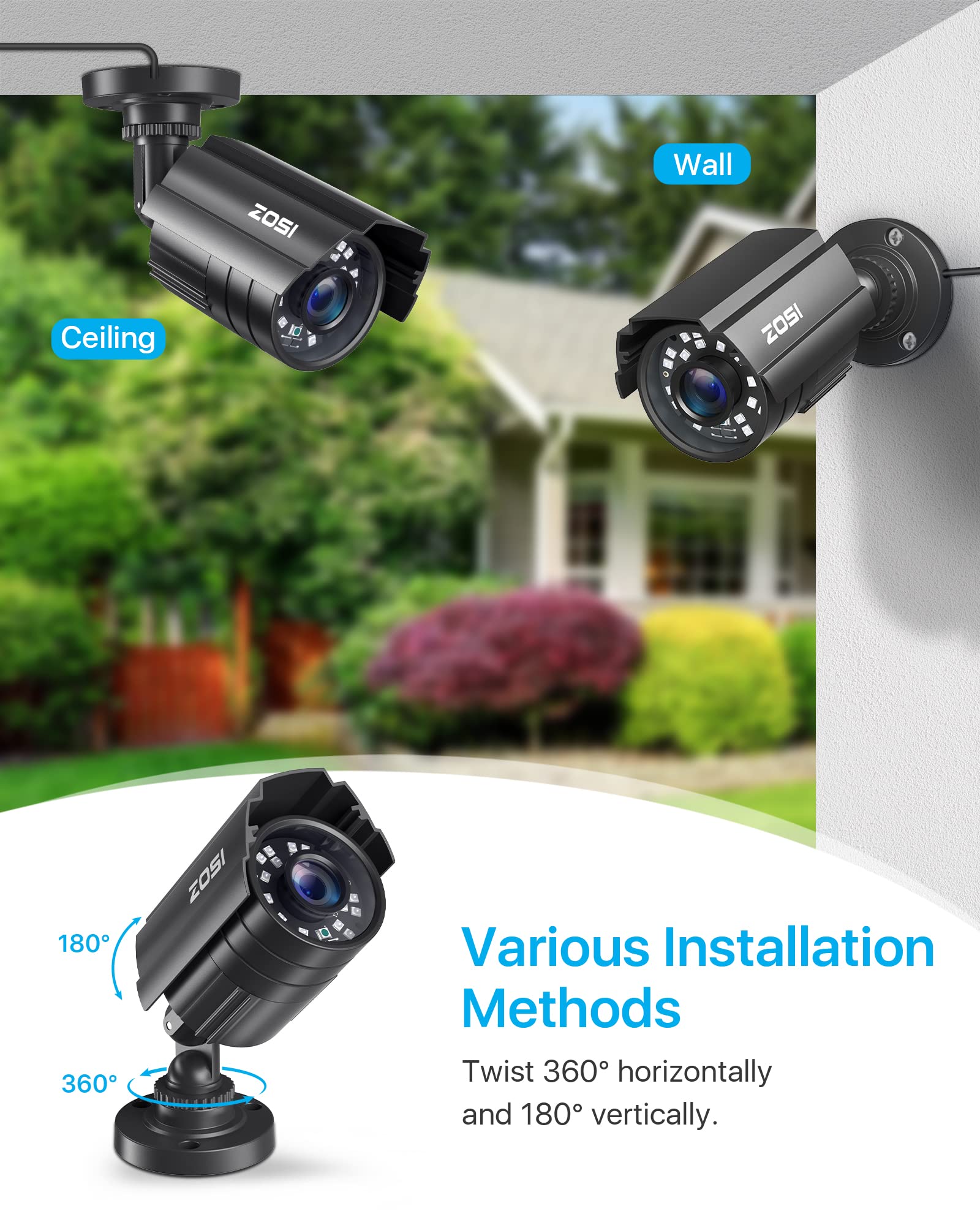 ZOSI 1080P CCTV Camera Indoor Outdoor Hybrid 4 in 1 HD TVI/CVI/AHD/CVBS Home Security Camera System,Night Vision,Metal Waterproof Housing For 960H,720P,1080P,5MP,4K analog Surveillance DVR