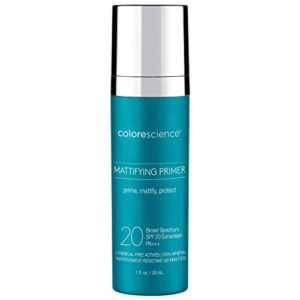 colorescience mattifying perfector face primer, water resistant mineral sunscreen, broad spectrum 20 spf uv skin protection, 1 fl oz