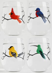 stemless wine glass set of 4 birds - silkscreened glassware collection - bird watching gifts