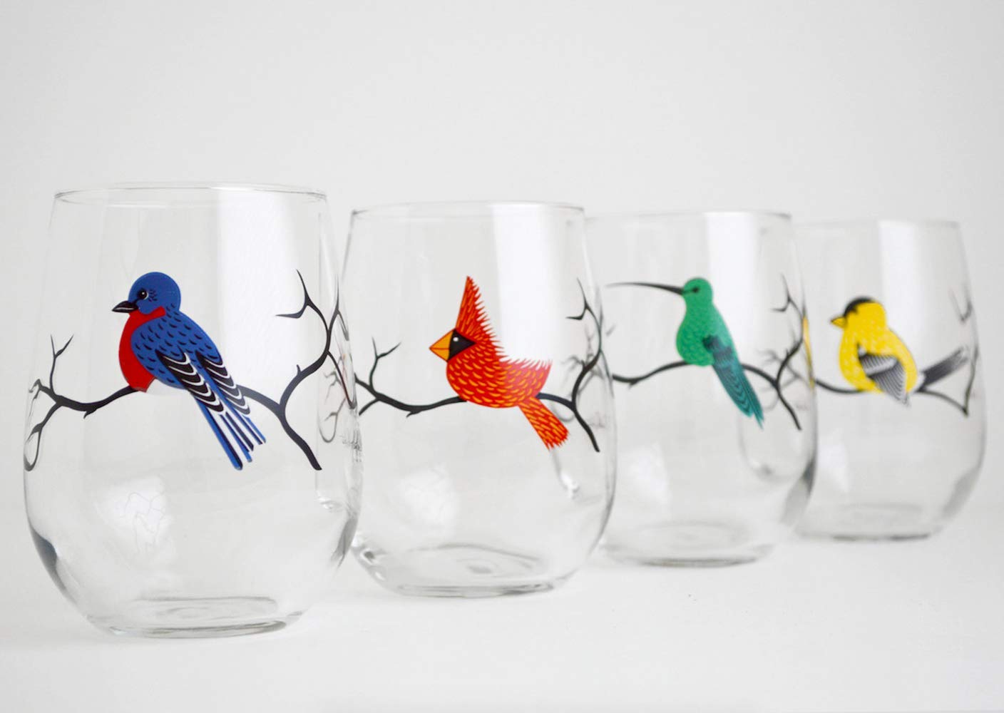 Stemless Wine Glass Set of 4 Birds - Silkscreened Glassware Collection - Bird Watching Gifts