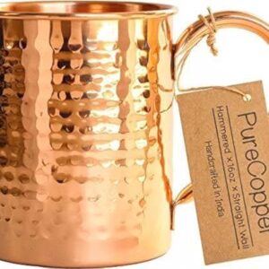 100% Copper Mug for Moscow Mule - 12oz Hammered Pure Copper Thick Straight Wall