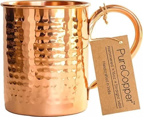 100% Copper Mug for Moscow Mule - 12oz Hammered Pure Copper Thick Straight Wall