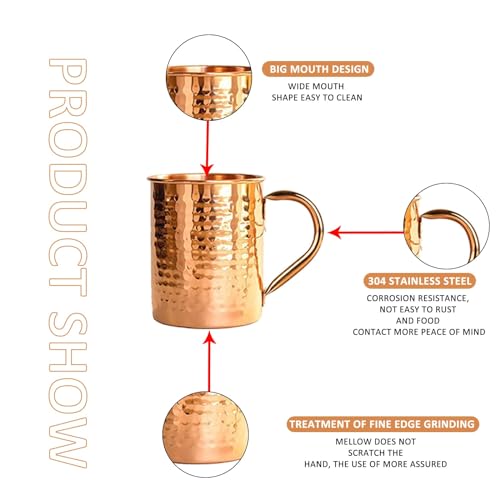 100% Copper Mug for Moscow Mule - 12oz Hammered Pure Copper Thick Straight Wall