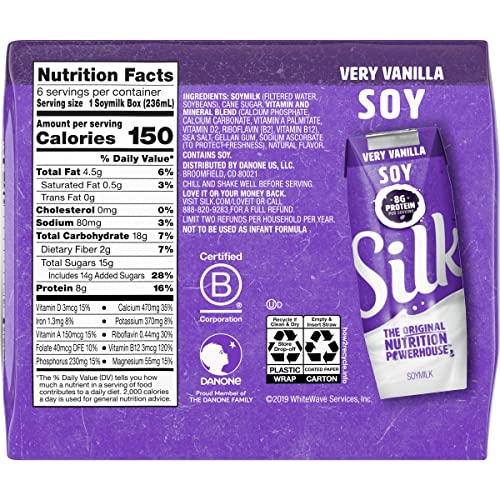 Silk Shelf-Stable Soy Milk Singles, Very Vanilla, Dairy-Free, Vegan, Non-GMO Project Verified, 8 oz., 6 Pack