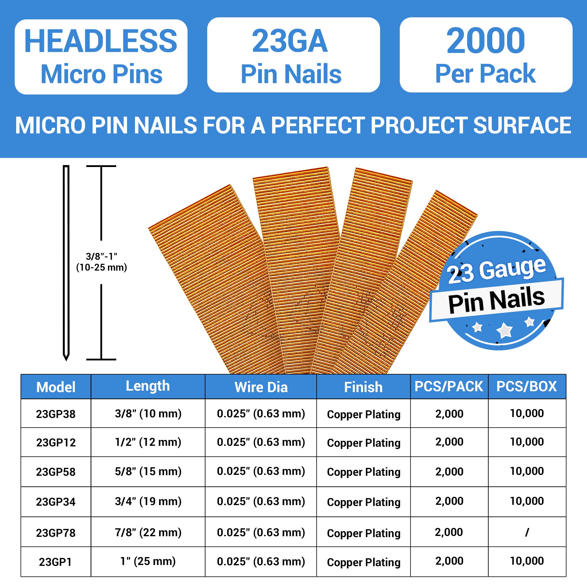 meite 23 Gauge Pin Nails, 5/8-Inch Micro Headless Pins for Pin Nailer - Copper Plated Pins Nails for Nail Gun, Ideal for Fine Woodworking and Trim Work (10,000 PCS)