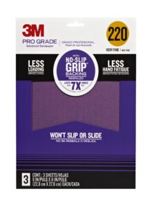 3m 25220p-g pro grade no-slip grip advanced sandpaper, 9-inch x 11-inch, 220 grit, pack of 3