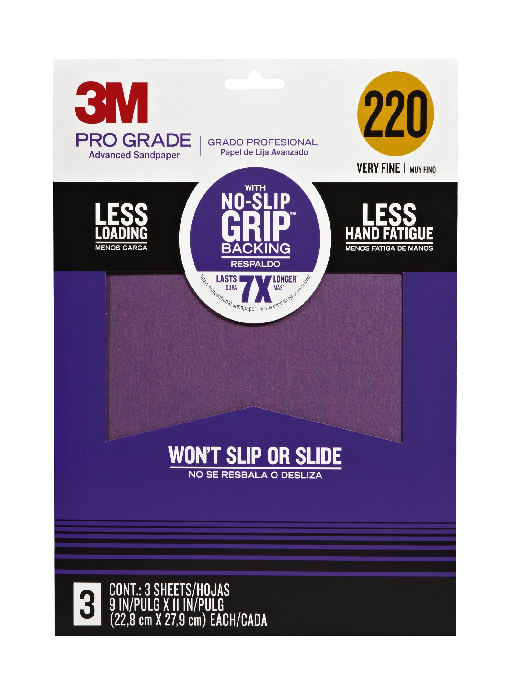 3M 25220P-G Pro Grade No-Slip Grip Advanced Sandpaper, 9-Inch x 11-Inch, 220 Grit, Pack of 3