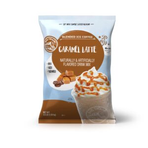 big train blended ice coffee caramel latte 3 lb 8 oz (1 count), powdered instant coffee drink mix, serve hot or cold, makes blended frappe drinks