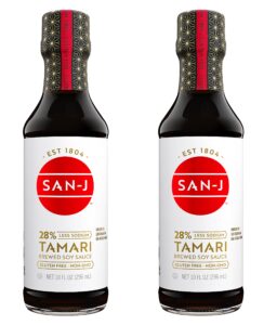 san-j - gluten free tamari soy sauce with 28% less sodium - specially brewed - made with 100% soy - 10 oz. bottles - 2 pack