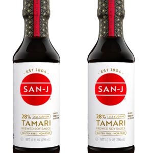 San-J - Gluten Free Tamari Soy Sauce with 28% Less Sodium - Specially Brewed - Made with 100% Soy - 10 oz. Bottles - 2 Pack