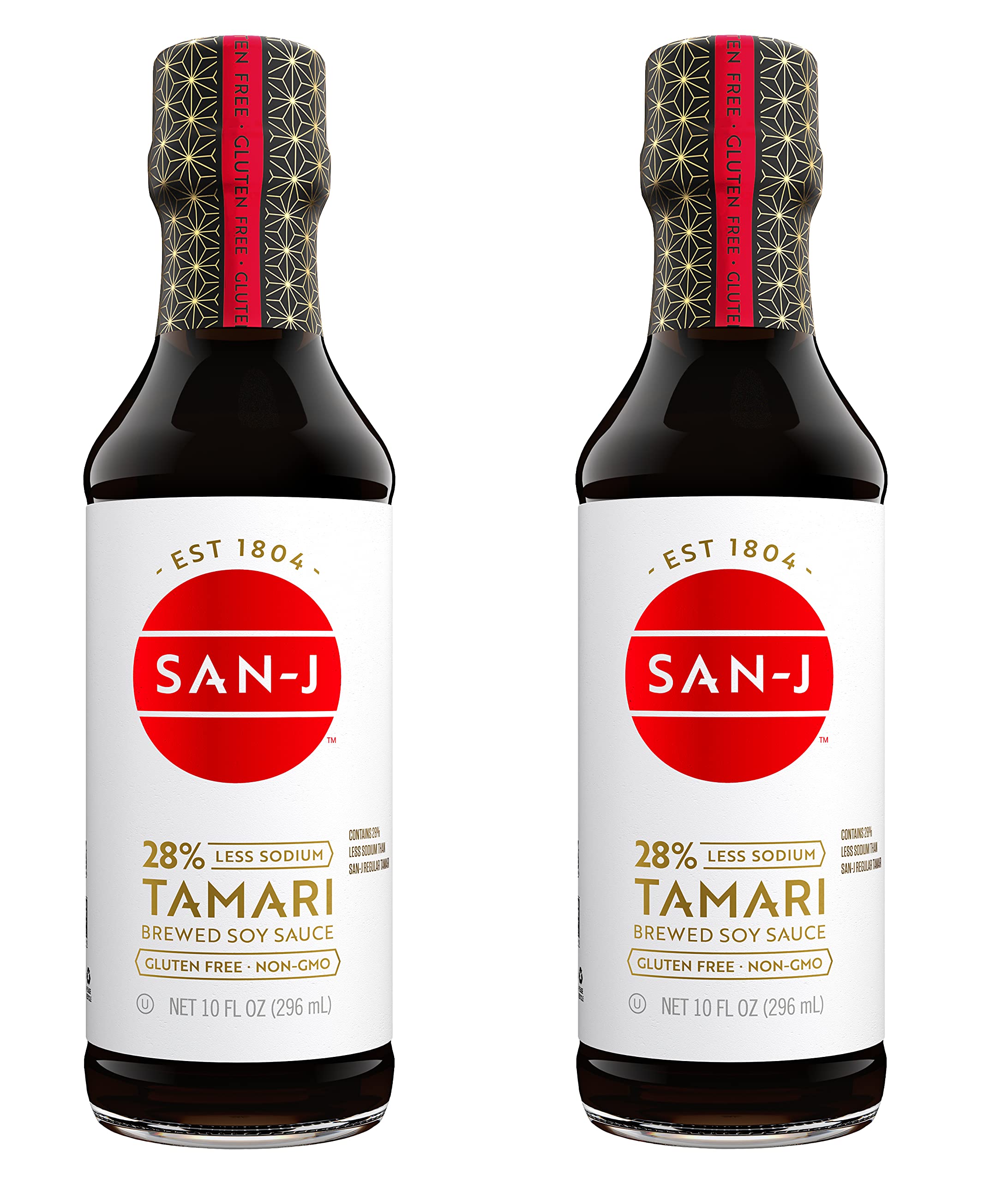 San-J - Gluten Free Tamari Soy Sauce with 28% Less Sodium - Specially Brewed - Made with 100% Soy - 10 oz. Bottles - 2 Pack