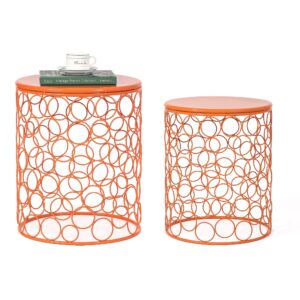 adeco home garden accents circle wired round iron metal nesting stool side end table plant stand, bubble pattern, orange red, set of two