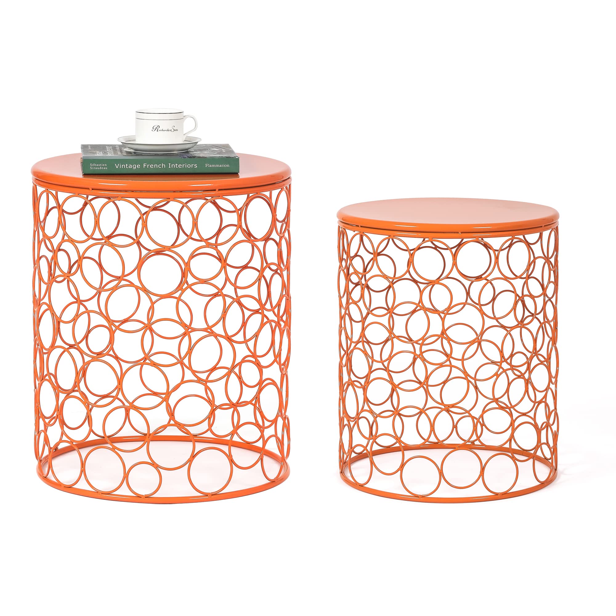 Adeco Home Garden Accents Circle Wired Round Iron Metal Nesting Stool Side End Table Plant Stand, Bubble Pattern, Orange Red, Set of Two