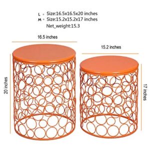 Adeco Home Garden Accents Circle Wired Round Iron Metal Nesting Stool Side End Table Plant Stand, Bubble Pattern, Orange Red, Set of Two