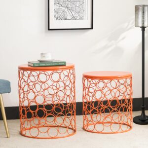 Adeco Home Garden Accents Circle Wired Round Iron Metal Nesting Stool Side End Table Plant Stand, Bubble Pattern, Orange Red, Set of Two