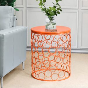 Adeco Home Garden Accents Circle Wired Round Iron Metal Nesting Stool Side End Table Plant Stand, Bubble Pattern, Orange Red, Set of Two