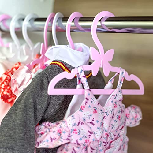 Doll Clothes Hangers for American 18" Girl Dolls - Set of 24 Unique Pink and White Butterfly Wardrobe Hangers- Holds Accessories, Sets, Shirts, Jackets, Pants, Dresses, Gifts for Girls Kids Birthday