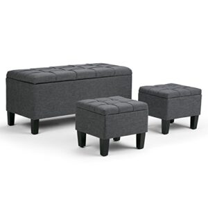 simplihome dover 44 inch wide rectangle 3 pc lift top storage ottoman in upholstered slate grey tufted linen look fabric, footrest stool, coffee table for the living room, contemporary