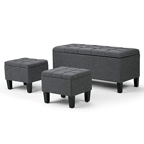 SIMPLIHOME Dover 44 inch Wide Rectangle 3 Pc Lift Top Storage Ottoman in Upholstered Slate Grey Tufted Linen Look Fabric, Footrest Stool, Coffee Table for the Living Room, Contemporary