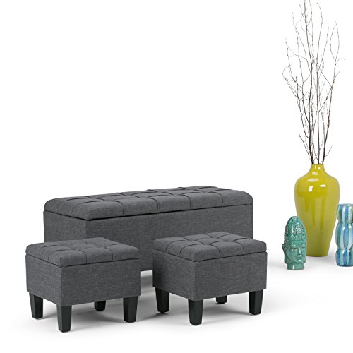 SIMPLIHOME Dover 44 inch Wide Rectangle 3 Pc Lift Top Storage Ottoman in Upholstered Slate Grey Tufted Linen Look Fabric, Footrest Stool, Coffee Table for the Living Room, Contemporary