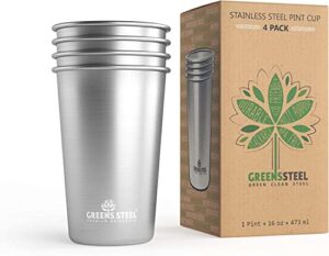 #1 premium stainless steel cups 16 oz/ 475ml pint cup tumbler (4 pack) by greens steel - premium metal cups - stackable durable cup