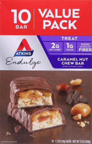 Atkins Endulge Caramel Nut Chew Bar, Dessert Favorite, 1g Sugar, Good Source of Fiber, Low Sugar, 10 Count