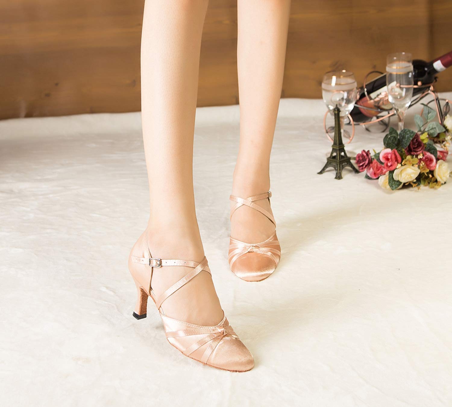 Minishion Women's Closed Toe Dance Heels Nude Satin Latin Ballroom Dance Shoes 3" Heel US 8