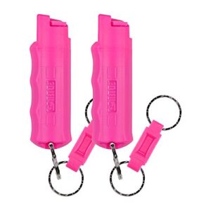 sabre pepper spray, supports national breast cancer foundation, maximum police strength oc spray, quick release keychain for easy carry and fast access, finger grip for more accurate aim, 25 bursts , 0.54 fluid ounces