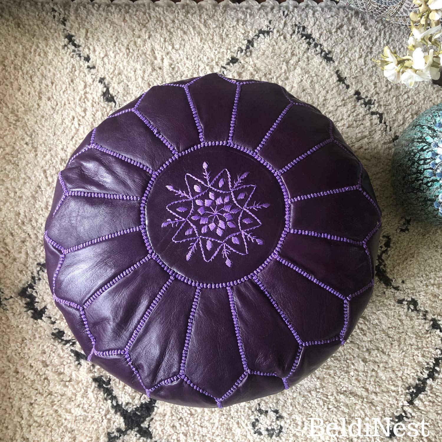 BeldiNest Moroccan Pouf Ottoman Leather Pouf Round Ottoman Leather Pouf, Perfect Home Ottoman Footrest | Purple Leather Pouf