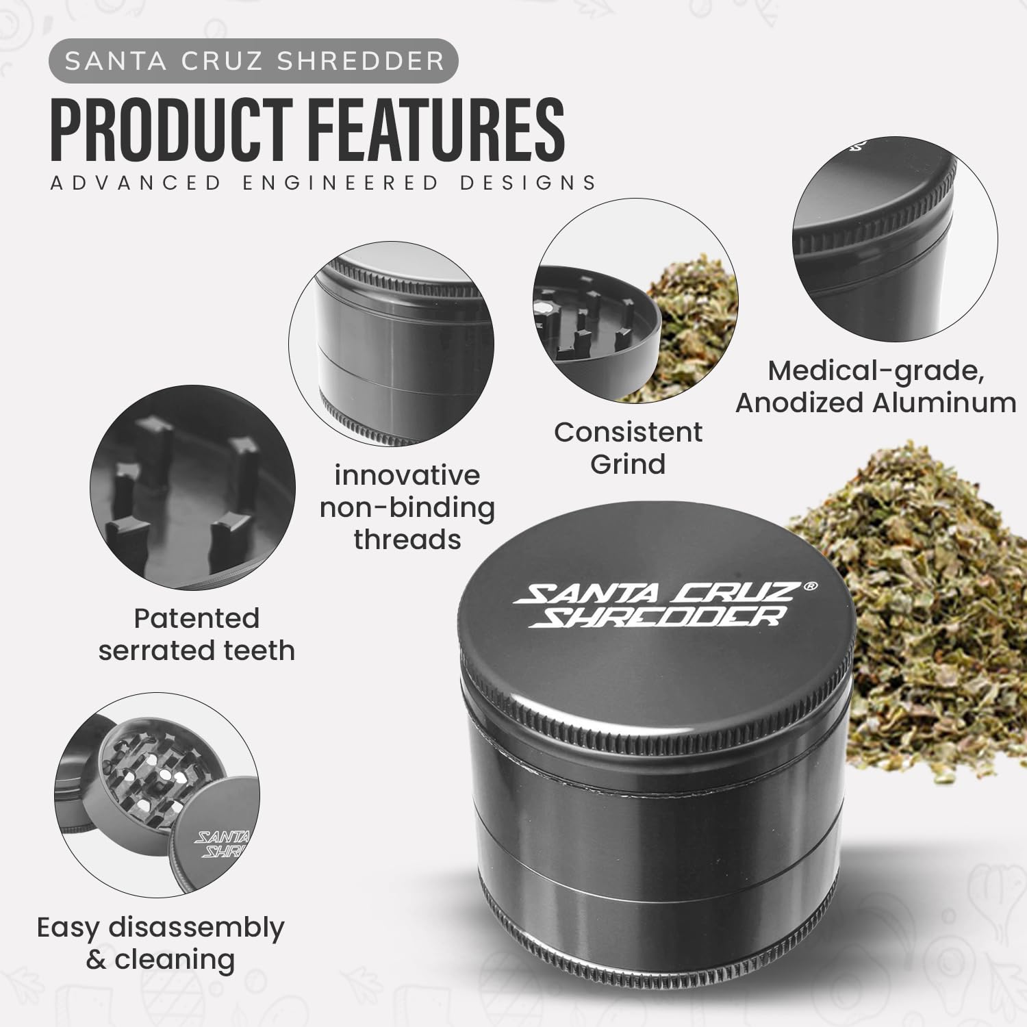 Santa Cruz Shredder Herb Grinder 3 Piece Medium 2 1/8" Superior Grip and Aluminium (Grey)