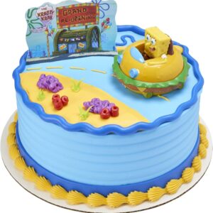 DecoSet® SpongeBob Square Pants Krabby Patty Cake Topper, 2-Piece Birthday Party Set with Rolling Car Figure for Fun After the Party, 3"H x 4.25"W