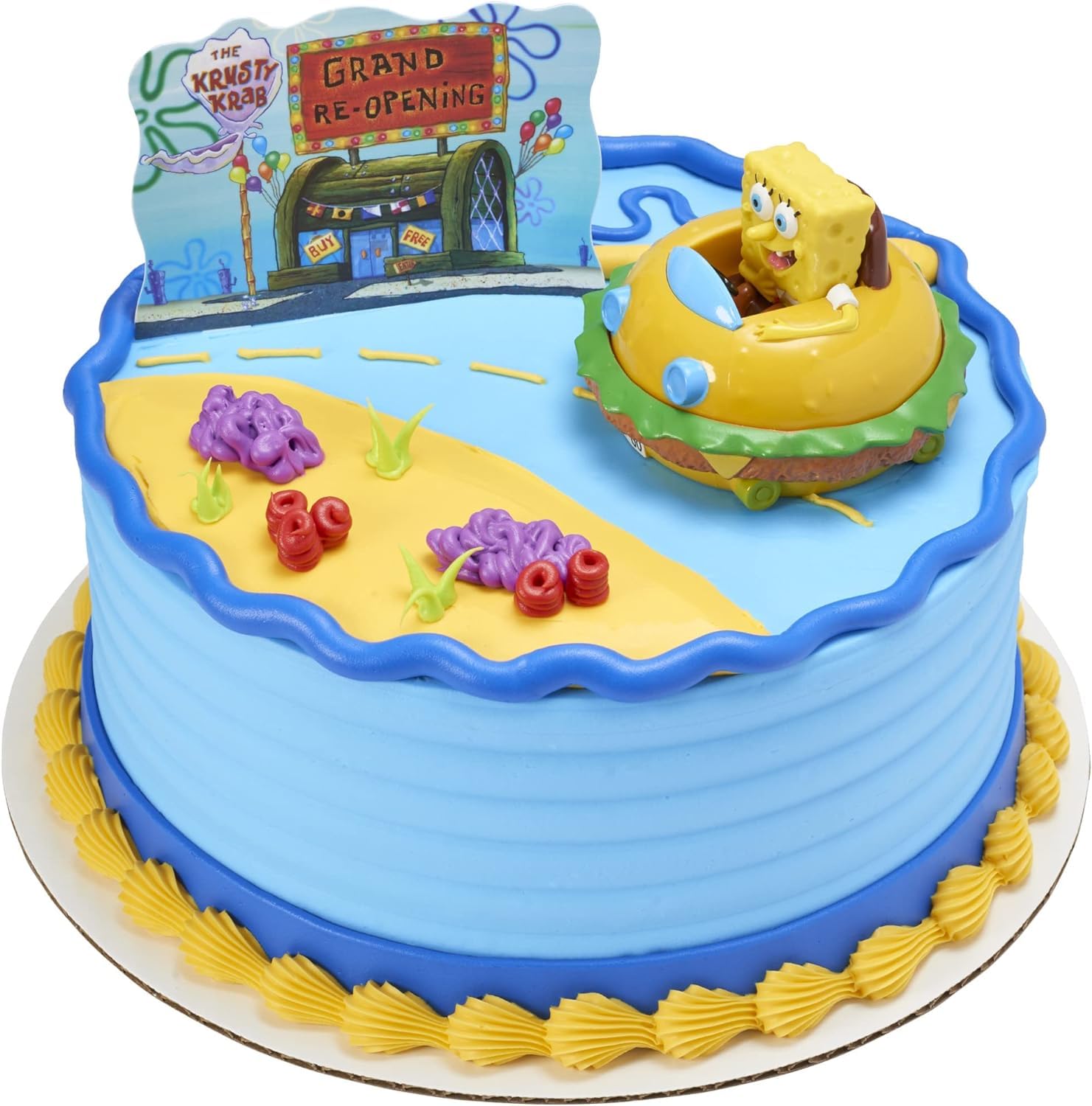 DecoSet® SpongeBob Square Pants Krabby Patty Cake Topper, 2-Piece Birthday Party Set with Rolling Car Figure for Fun After the Party, 3"H x 4.25"W