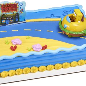 DecoSet® SpongeBob Square Pants Krabby Patty Cake Topper, 2-Piece Birthday Party Set with Rolling Car Figure for Fun After the Party, 3"H x 4.25"W