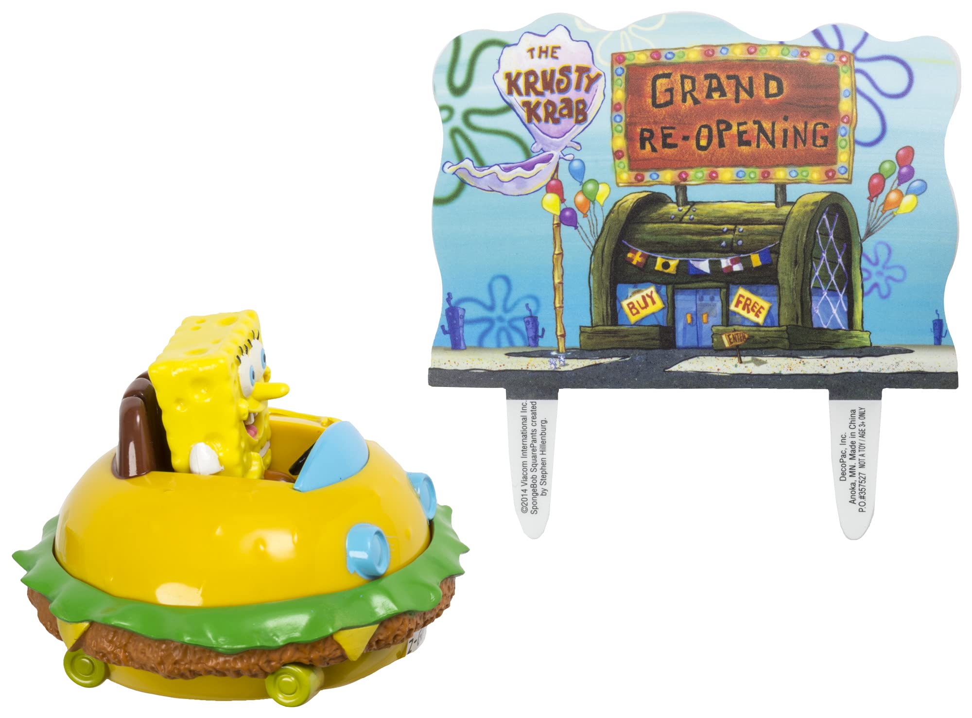 DecoSet® SpongeBob Square Pants Krabby Patty Cake Topper, 2-Piece Birthday Party Set with Rolling Car Figure for Fun After the Party, 3"H x 4.25"W