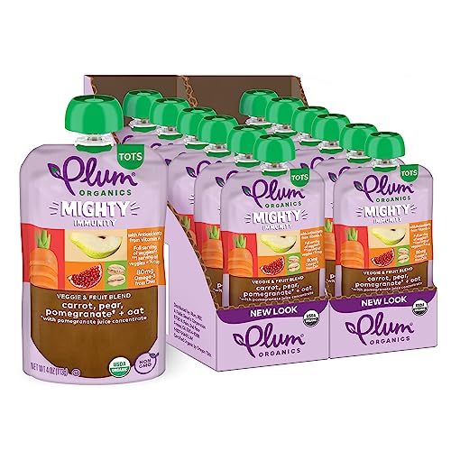 Plum Organics Mighty Immunity Organic Toddler Food - Carrot, Pear, Pomegranate, and Oat - 4 oz Pouch (Pack of 12) - Organic Vegetable Toddler Food Pouch