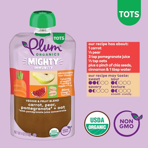 Plum Organics Mighty Immunity Organic Toddler Food - Carrot, Pear, Pomegranate, and Oat - 4 oz Pouch (Pack of 12) - Organic Vegetable Toddler Food Pouch