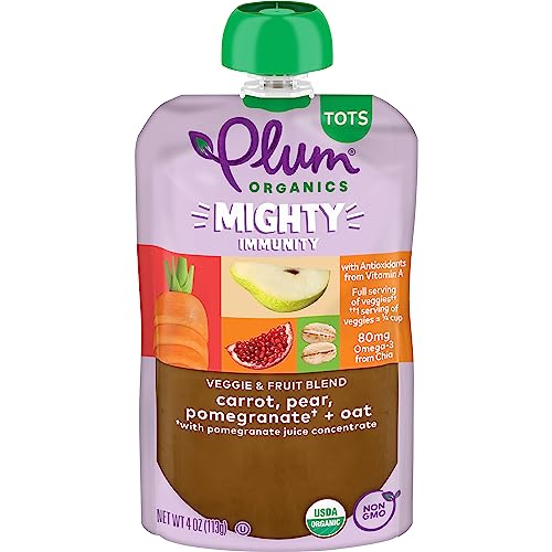 Plum Organics Mighty Immunity Organic Toddler Food - Carrot, Pear, Pomegranate, and Oat - 4 oz Pouch (Pack of 12) - Organic Vegetable Toddler Food Pouch