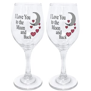 banberry designs - set of 2 wine glasses - i love you to the moon and back design with red hearts - 14 oz